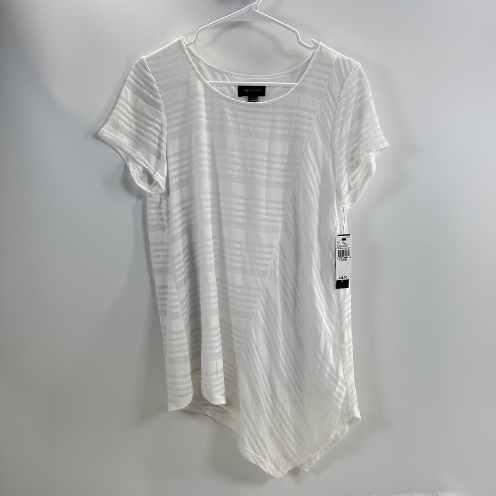 AB Studio Tunic Top Asymmetric Textured Paper White Short Sleeve Large New Boho‎